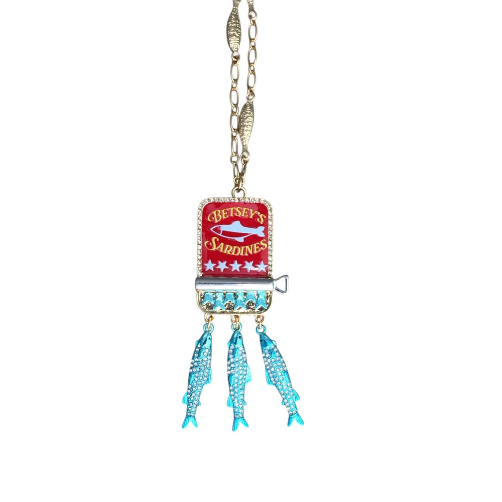 Betsey Johnson Sardine Necklace Gold Tone Crystal Fish Pendant Beach - Picture 3 of 6